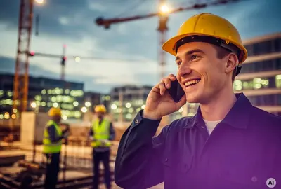 A man wearing a hard hat is talking on a cell phone, engaged in a conversation at a construction site. AI generated.